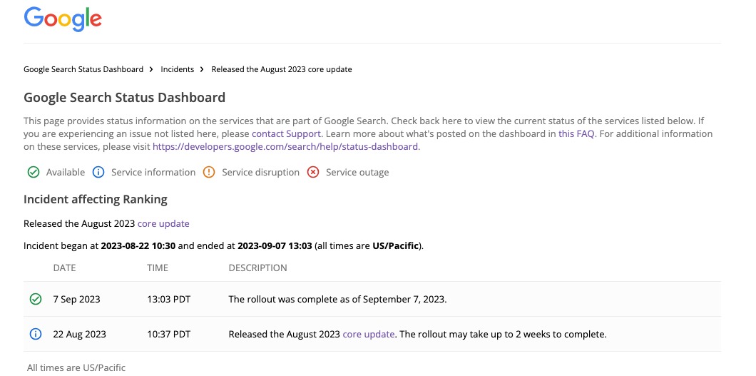 August 2023 core update - Google search status