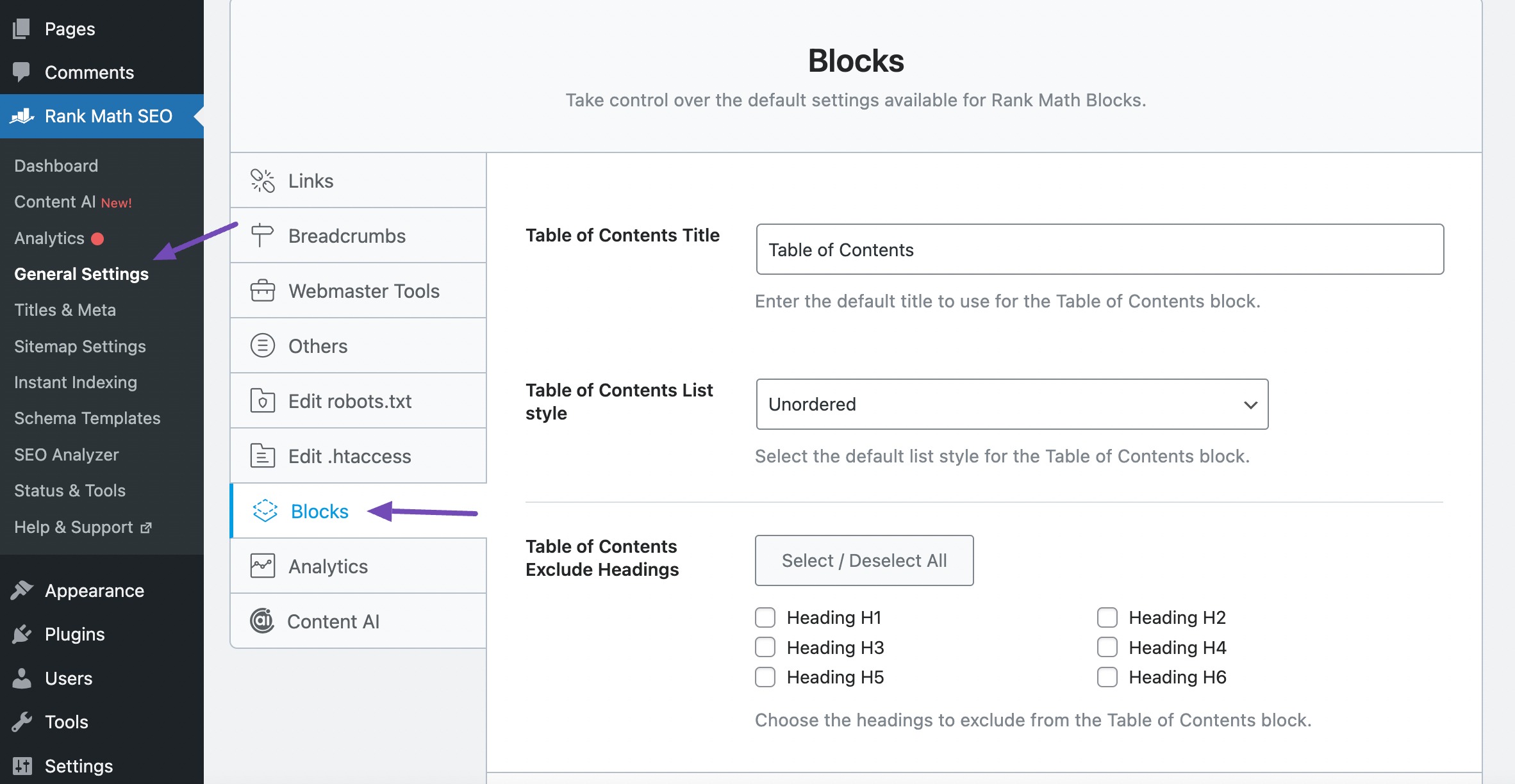 Customize TOC Block settings