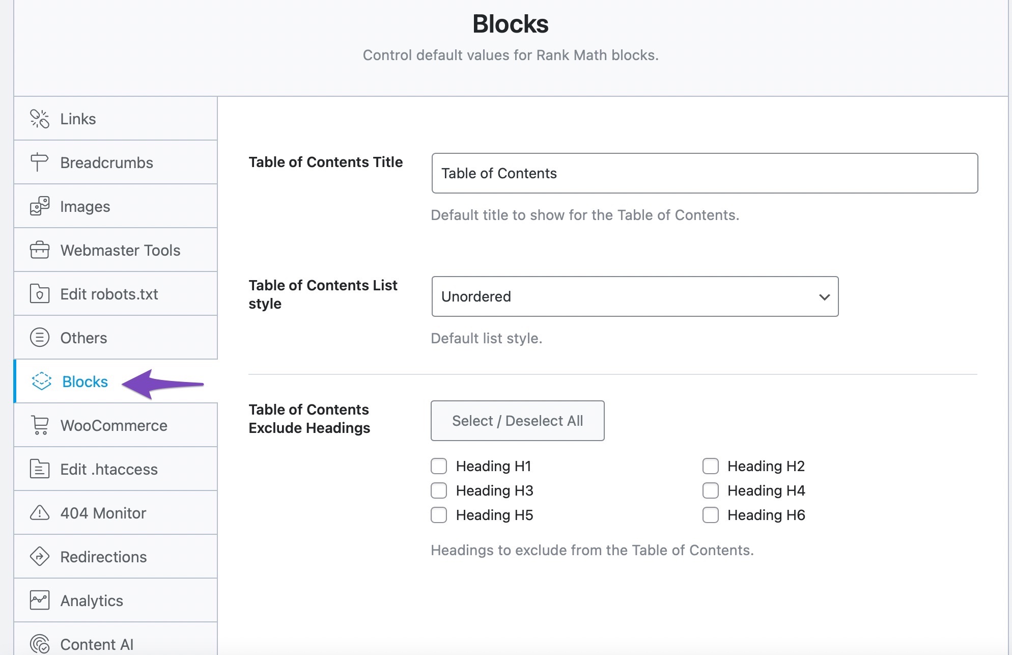 Blocks settings in Rank Math