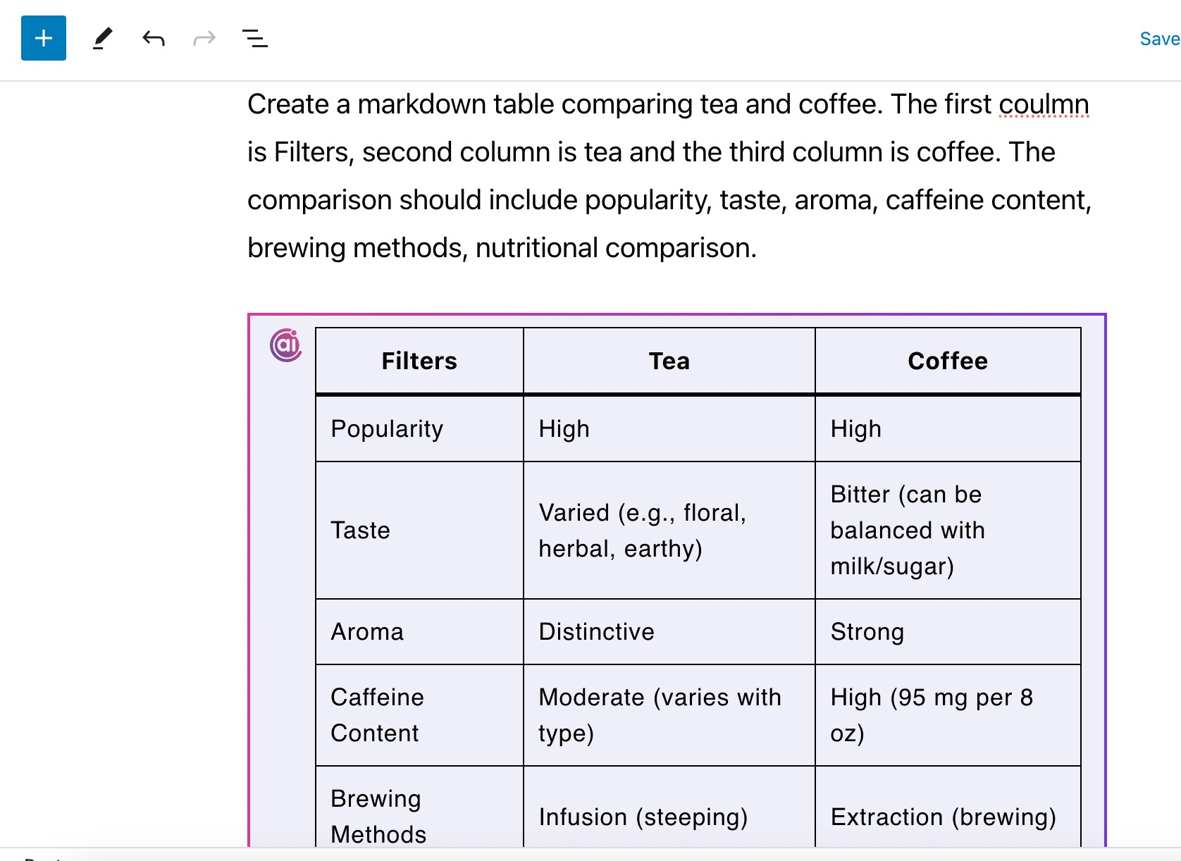 Adding a comparison table using AI command.