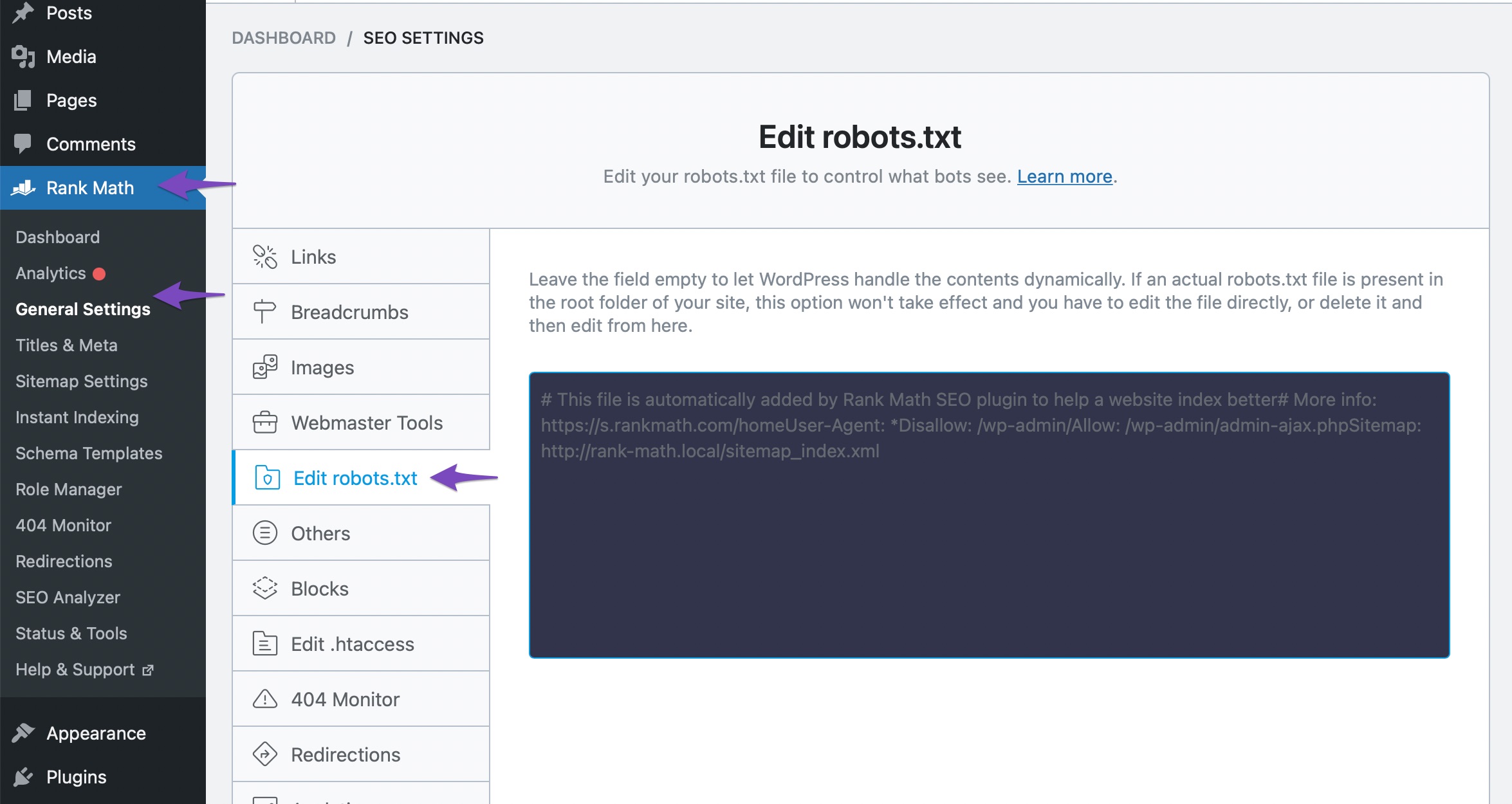 Edit robots.txt in Rank Math