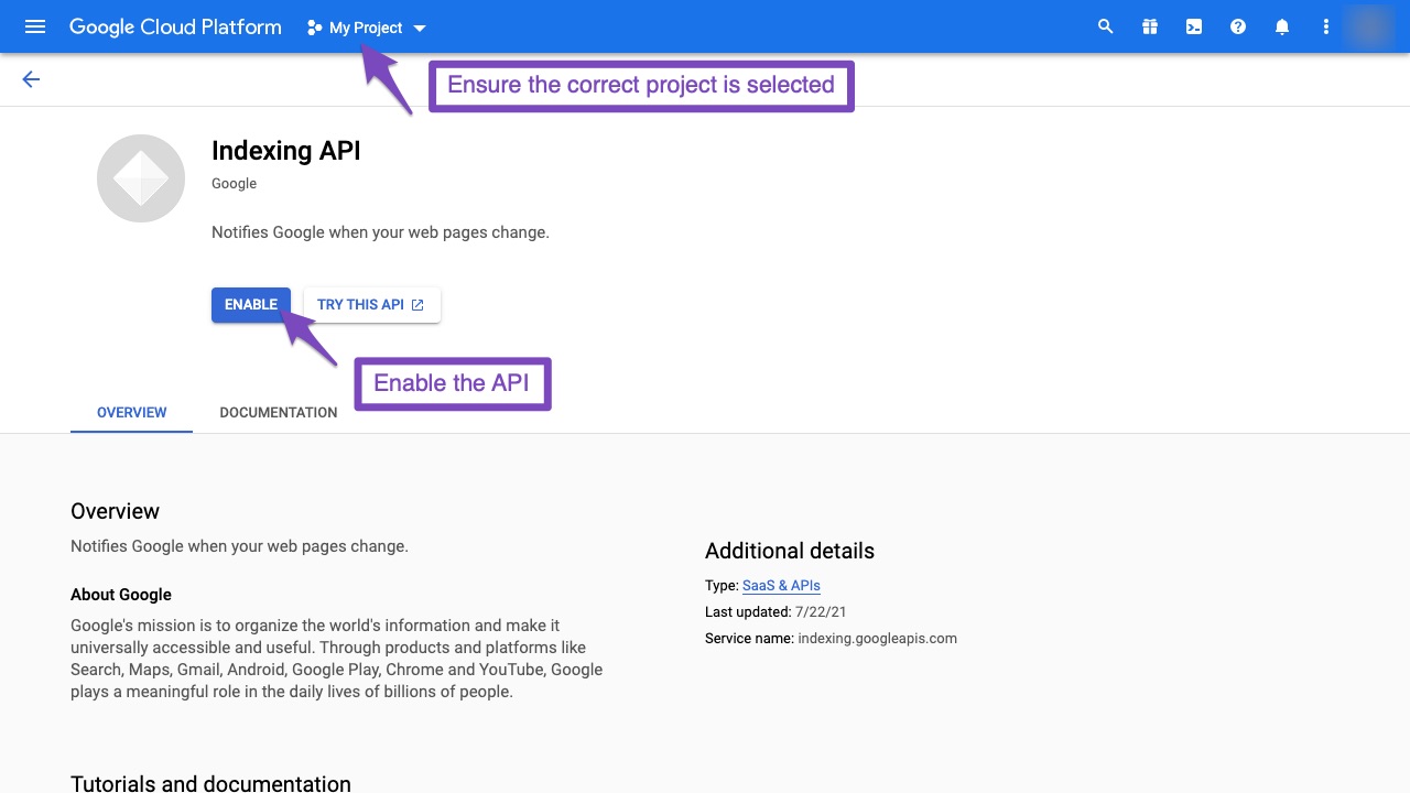 Enable the Indexing API in Google Cloud Platform
