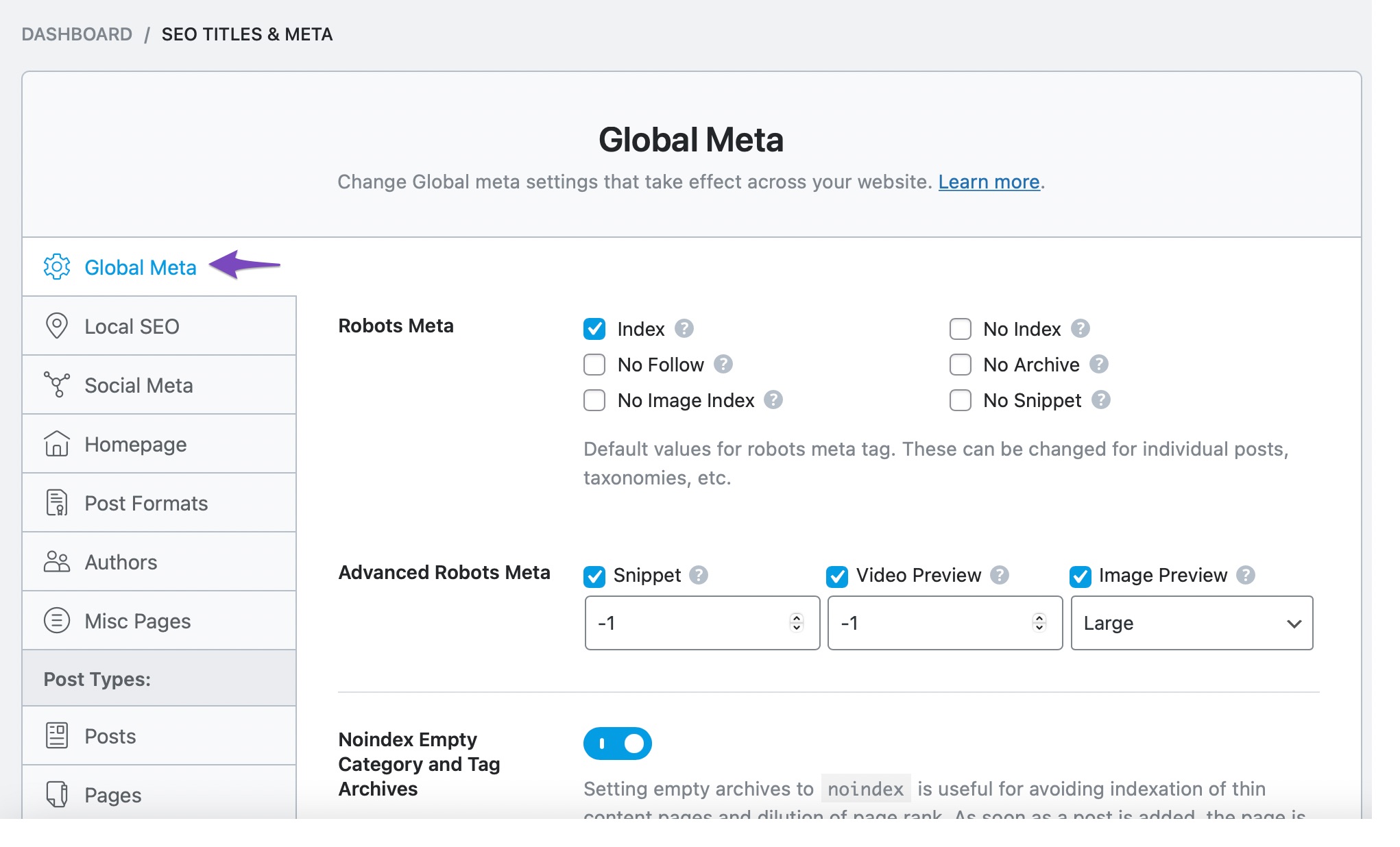 Rank Math SEO Titles & Meta settings - Global Meta