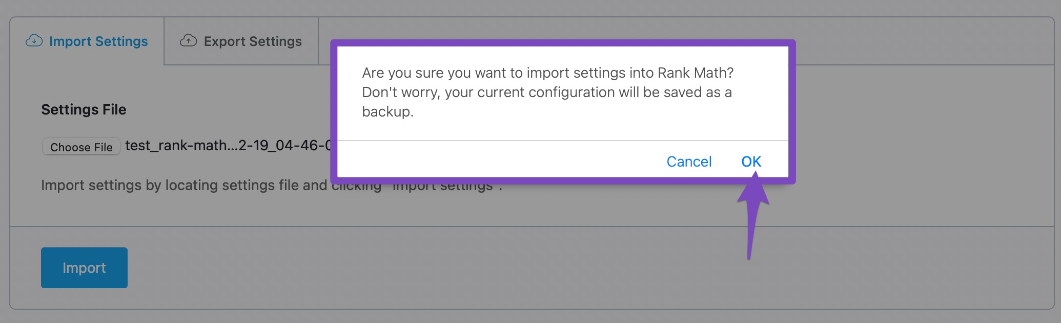 confirm the import of settings