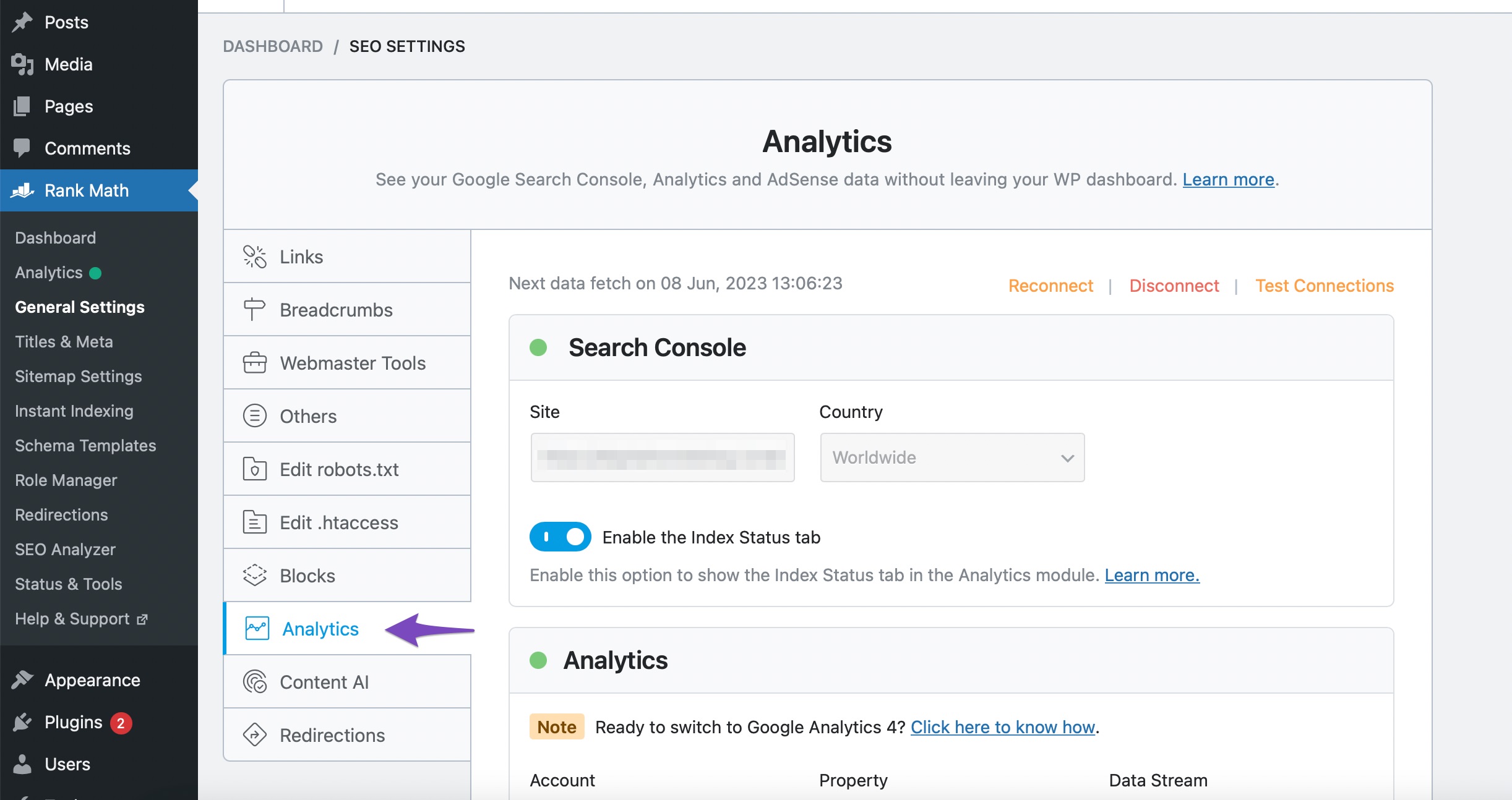 Open Rank Math Analytics settings