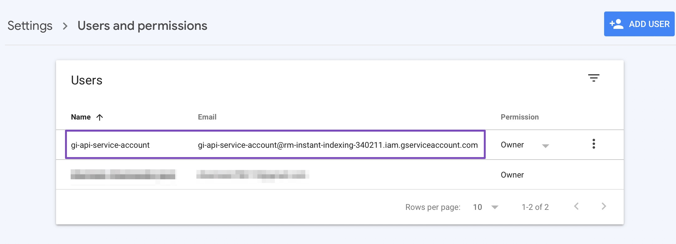 Google Service account added to Google Search Console users