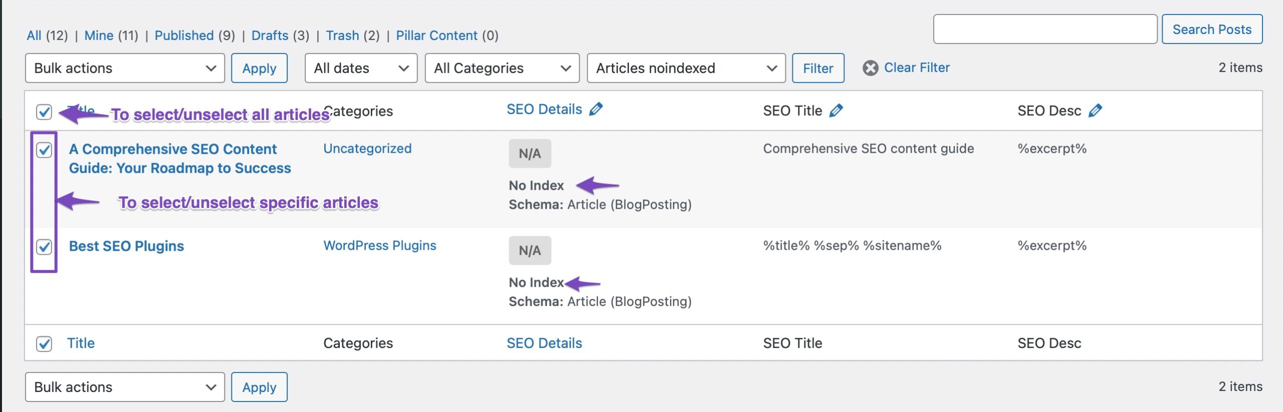 Select noindexed articles from the Posts screen