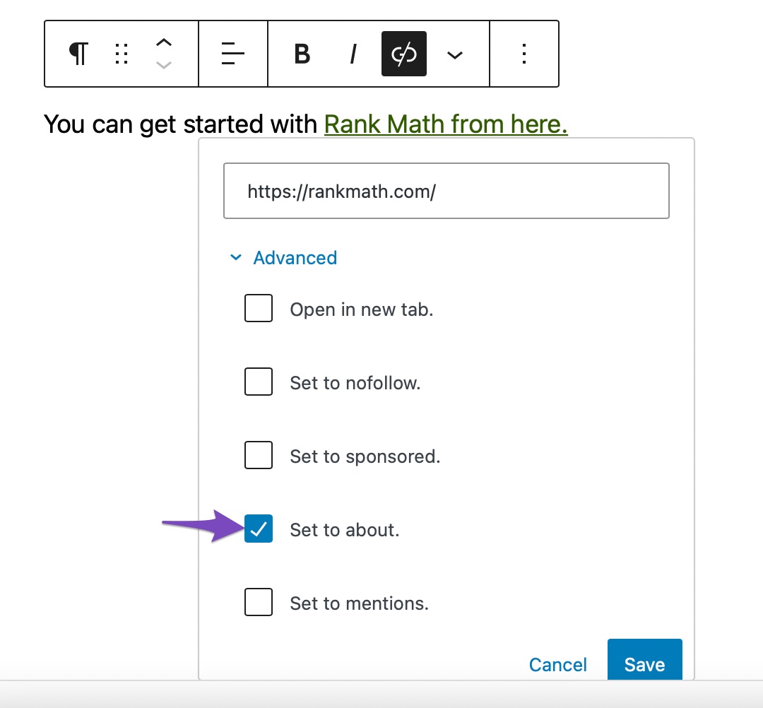 Set to about in link controls