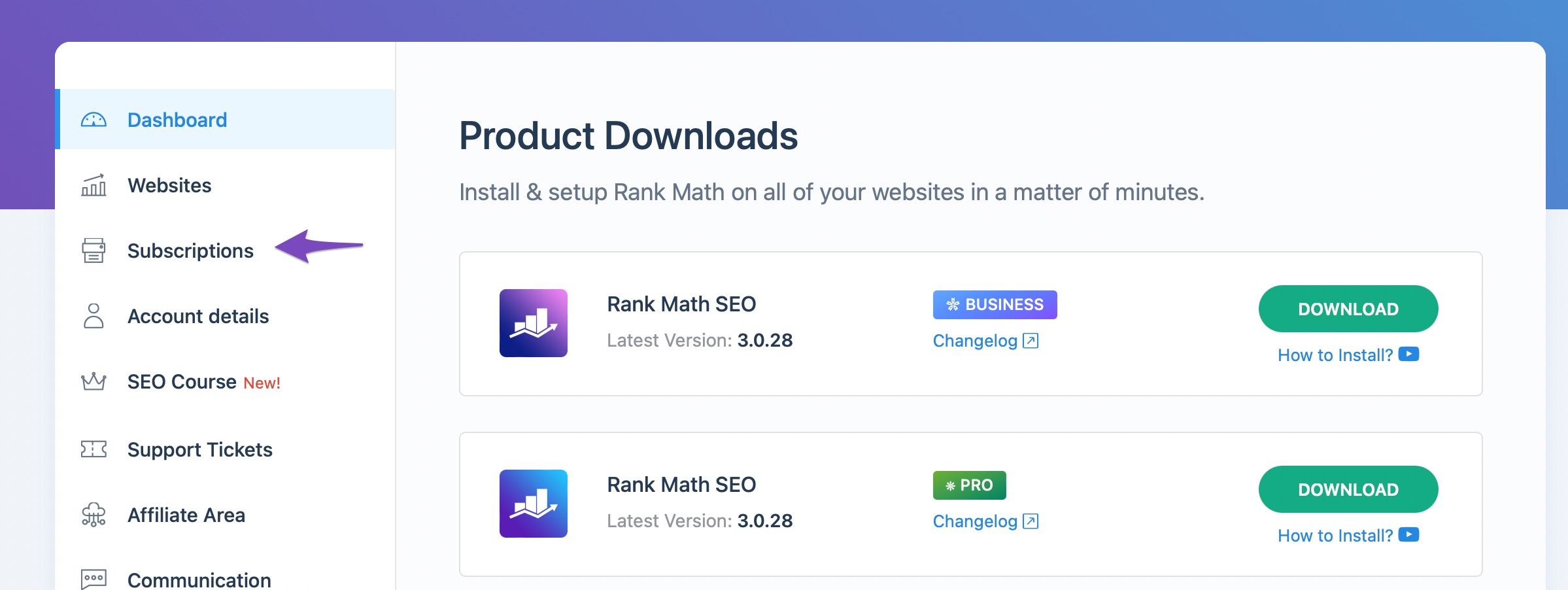 Open Subscriptions tab in Rank Math account area
