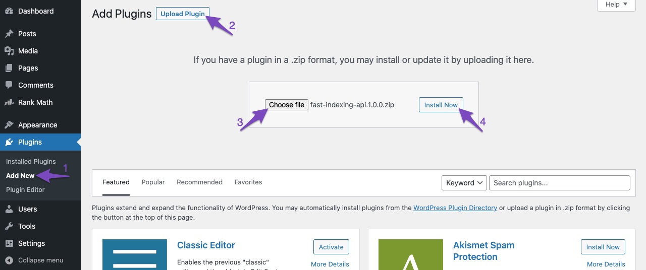 Upload Instant Indexing plugin through WordPress dashboard