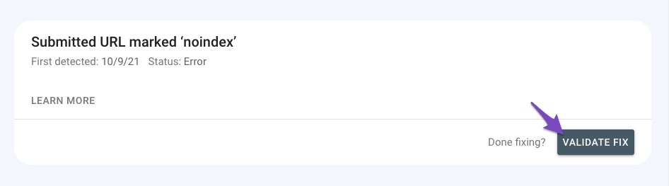 Validate fix for submitted URL marked noindex error