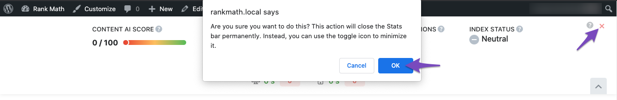 Close Rank Math Analytics stats bar permanently