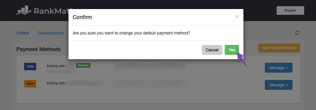 Confirm changing default payment method