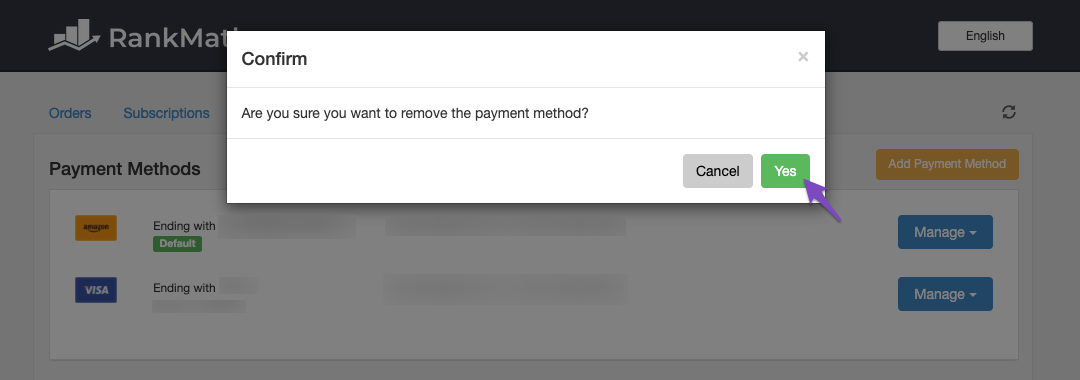 Confirm removing payment method