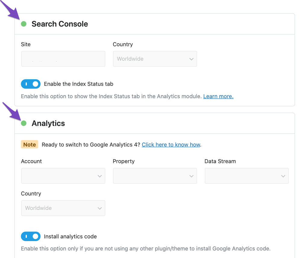 Analytics and Search Console connected