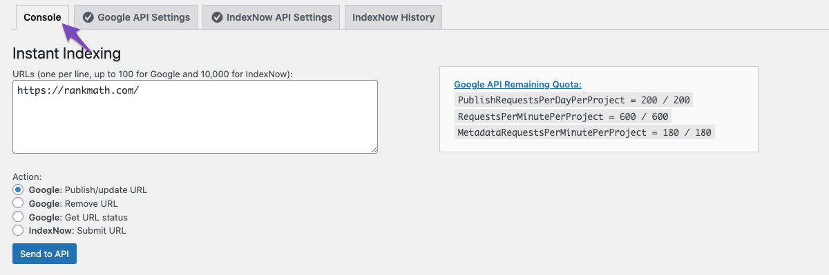 Console tab under Rank Math Instant Indexing