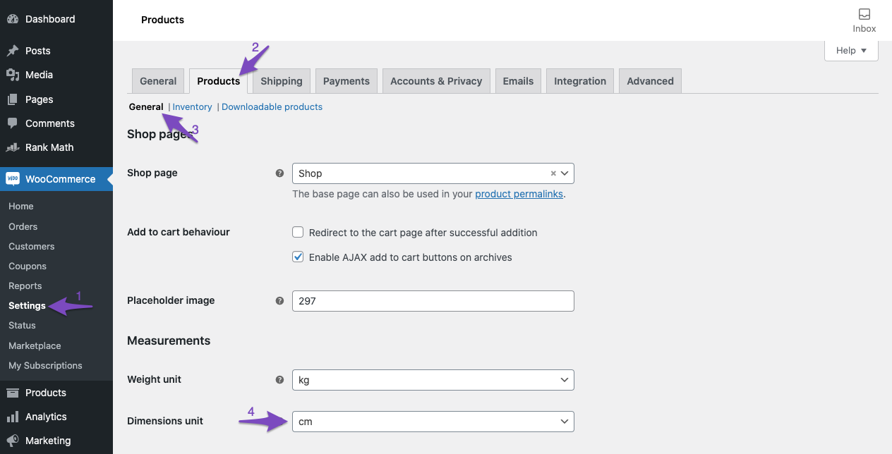 Dimensions unit in WooCommerce