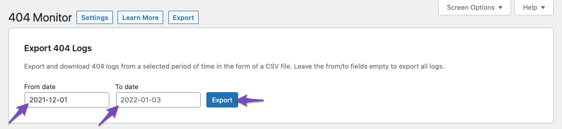 Select the export 404 error From date and To date