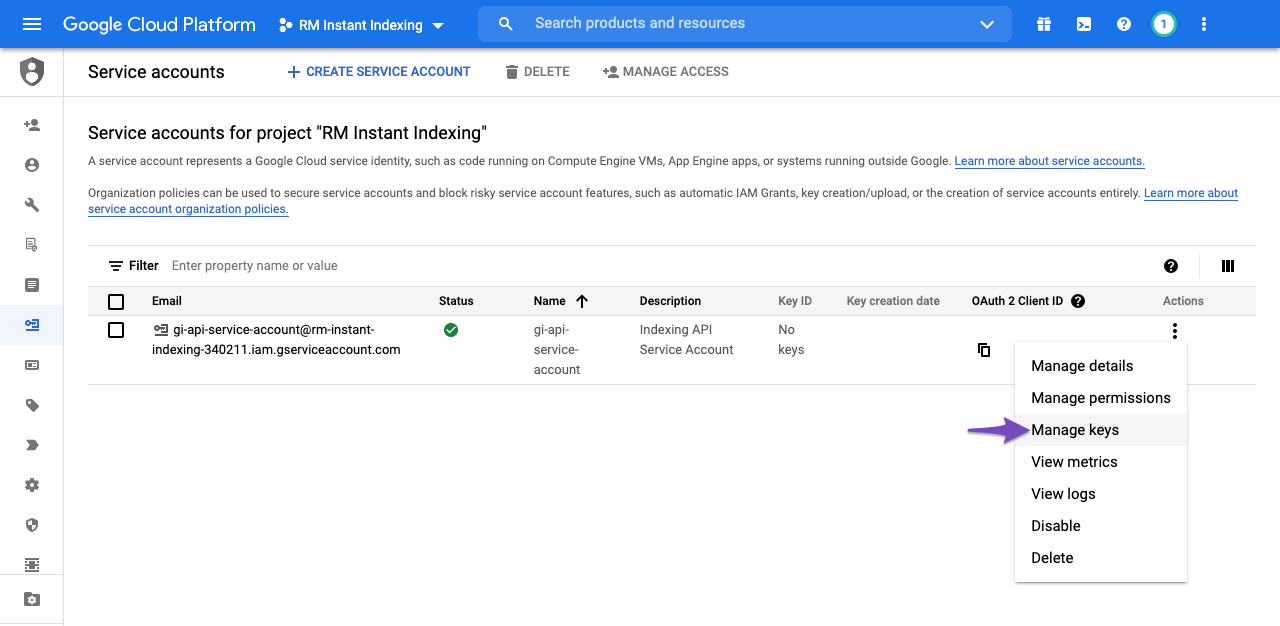 Manage Keys - Google Service Account