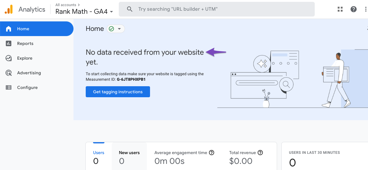 No data received from your website yet - Google Analytics