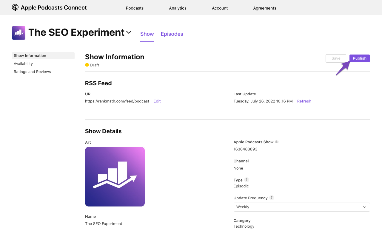 Publish podcast in Apple Podcasts Connect