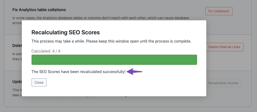 Recalculating SEO Scores is complete